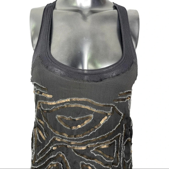 Temperance Boho Tank Top Sequin Beading Grey Gold Size Small - Picture 2 of 5